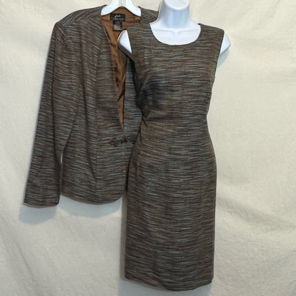 B-277 BG Collection Vintage Brown & Blue 2-Piece Set‎ Dress & Blazer Size 10